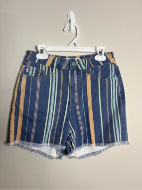Judy Blue Multicolor Vertical Stripe Denim Shorts - Navy, Yellow, Teal